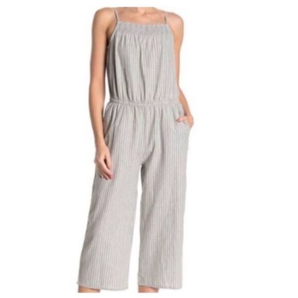 Beach Lunch Lounge || Linen Blend Striped Smocked Cotton Wide Leg CropJumpsuit - Picture 1 of 13